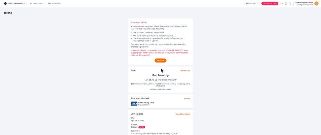 Opening the Dashboard with a payment overdue, which shows only the Billing page, hovering the red Payment failed button in the header for the days left before suspension, then the Payment failed card with the same countdown, and clicking Pay now, which reopens the Dashboard
