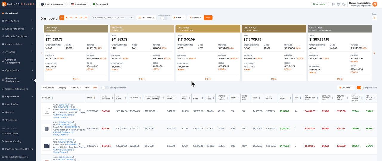 Hovering the Payout Estimated (After Ad Spend) column header, then a cell to show its breakdown from Net Sales down to Refund Admin Fee