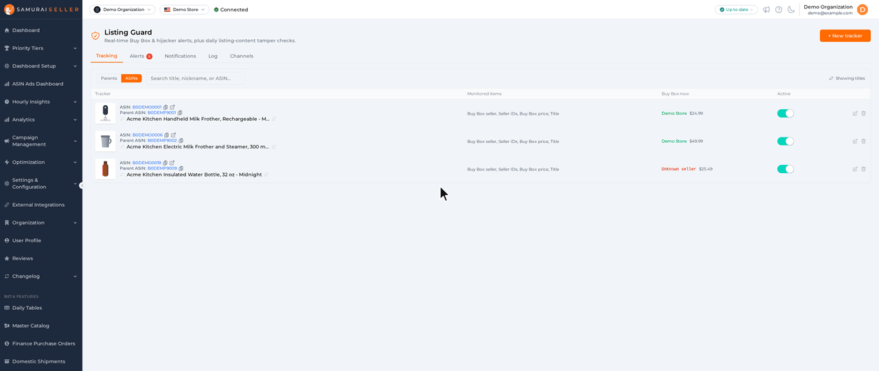 Listing Guard: creating a tracker for one product picked from the catalog, the tracker appearing at the top of the Tracking tab, then the Alerts tab with open alerts grouped by tier