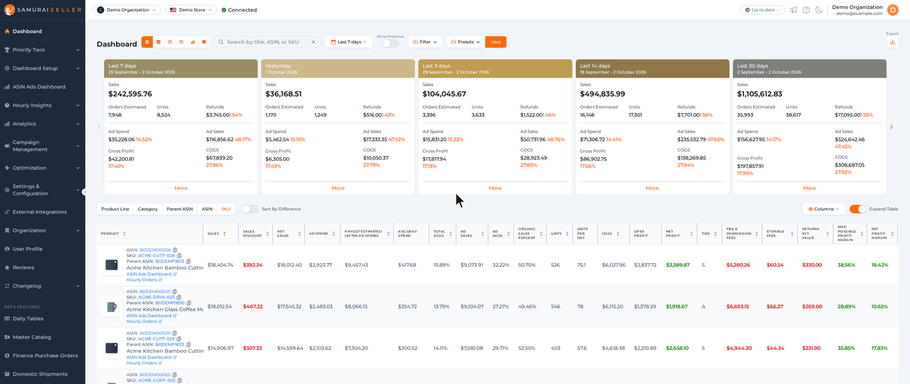 The Dashboard with no Store button next to the date picker, then the Optimization group in the sidebar opened to show Bid Optimizer, Restore Bids and Task List