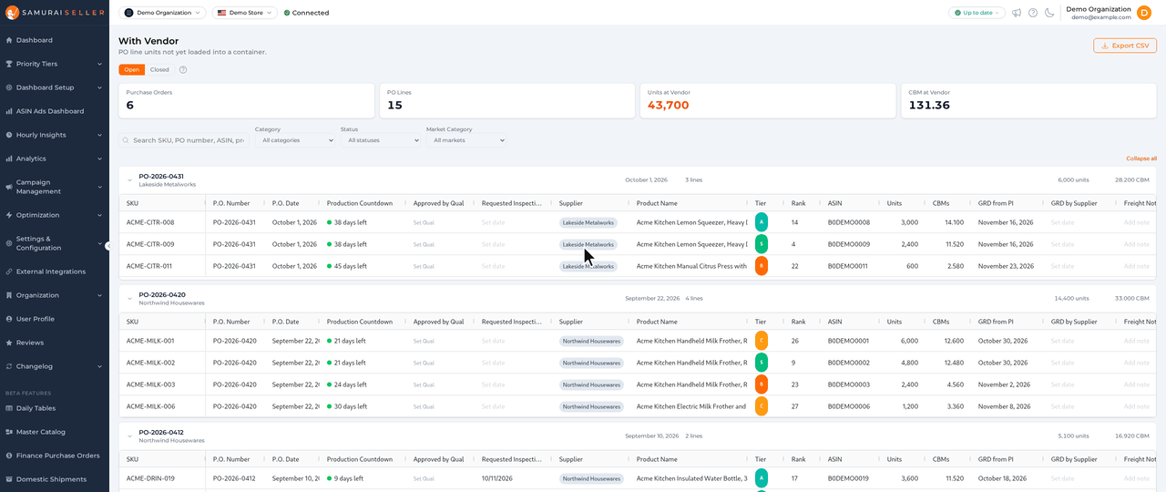 The With Vendor page with its summary cards, switching between Open and Closed, then Purchase Orders Diff showing PO Differences with the Why column